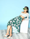 Women Emerald Green & White Floral Cascading Ruffle Skirt