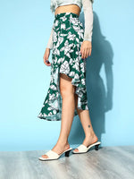 Women Emerald Green & White Floral Cascading Ruffle Skirt