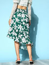 Women Emerald Green & White Floral Cascading Ruffle Skirt