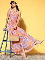 Women Orange & Purple Floral Box Pleat Strappy Maxi Dress