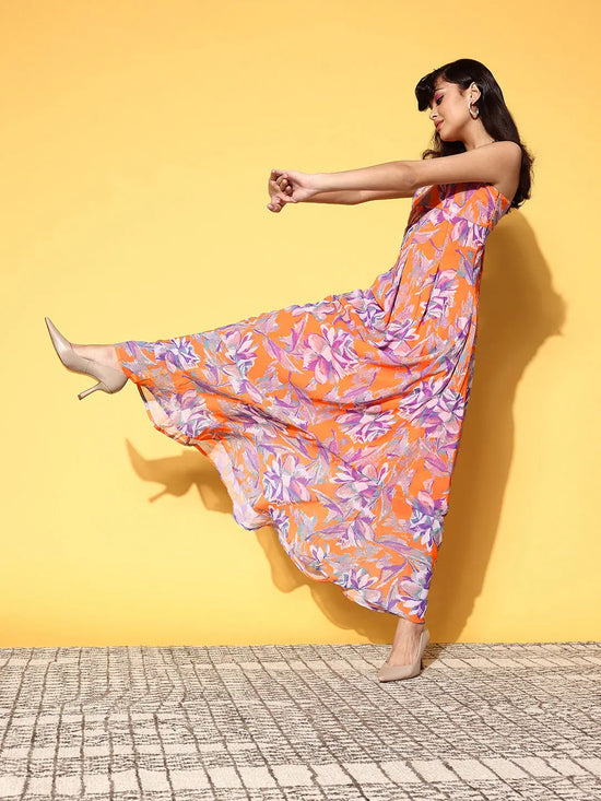 Women Orange & Purple Floral Box Pleat Strappy Maxi Dress