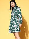 Women Emerald Green & White Floral Cuff Sleeves Dress