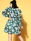 Women Emerald Green & White Floral Cuff Sleeves Dress