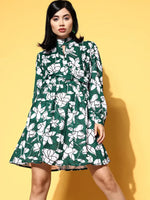 Women Emerald Green & White Floral Cuff Sleeves Dress