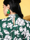 Women Emerald Green & White Floral Cuff Sleeves Dress