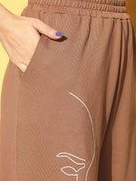 Women Brown Line Art Wide Leg Terry Track Pants