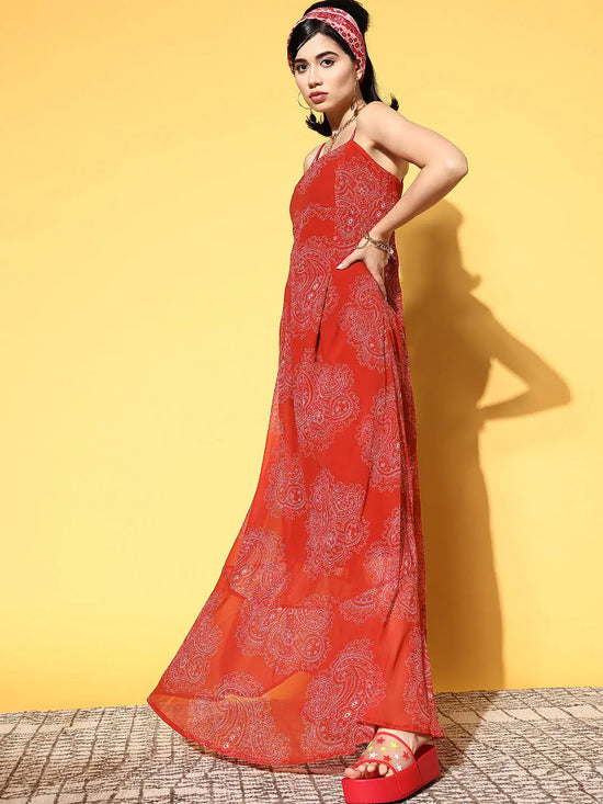 Women Red Paisley Box Pleat Strappy Maxi Dress