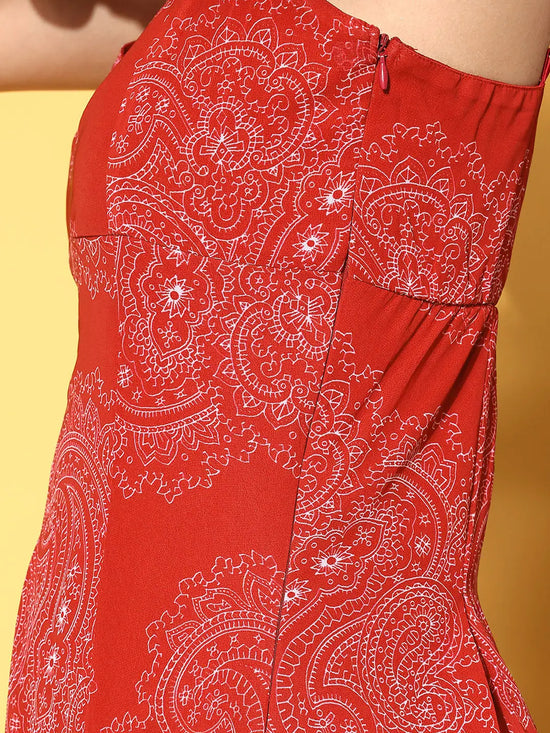 Women Red Paisley Box Pleat Strappy Maxi Dress