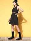 Women Black Schiffli V-Neck Frill Hem Belted Dress