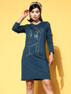 Women Teal Line Art Terry Sweat Dress