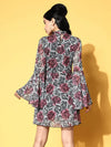 Women Grey Floral Bell Sleeves Mesh Net Dress