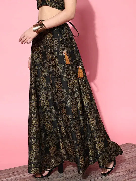 Women Black Chanderi Floral Anarkali Skirt