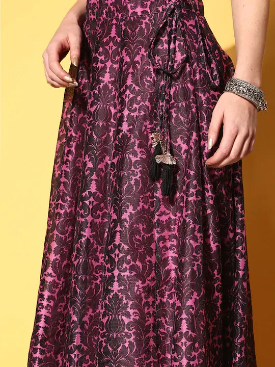 Women Pink Chanderi Floral Anarkali Skirt