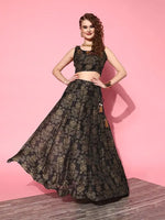 Women Black Floral Crop Top With Aanrakali Skirt