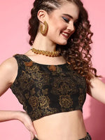 Women Black Floral Crop Top With Aanrakali Skirt