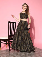 Women Black Floral Crop Top With Aanrakali Skirt