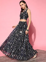 Women Blue Mughal Floral Crop Top With Aanrakali Skirt