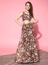 Women Brown Floral Crop Top With Aanrakali Skirt