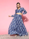 Women Blue Paisley Wrap Crop Top With Aanarkali Skirt