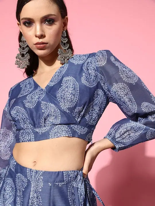 Women Blue Paisley Wrap Crop Top With Aanarkali Skirt