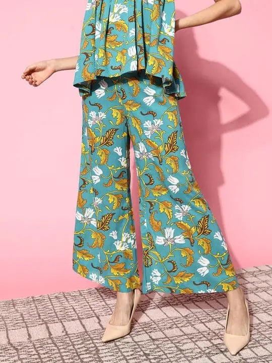 Women Turquoise Floral Ankle Palazzo Pants