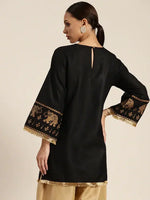 Women Black Elephant Border Foil Print Short Kurta