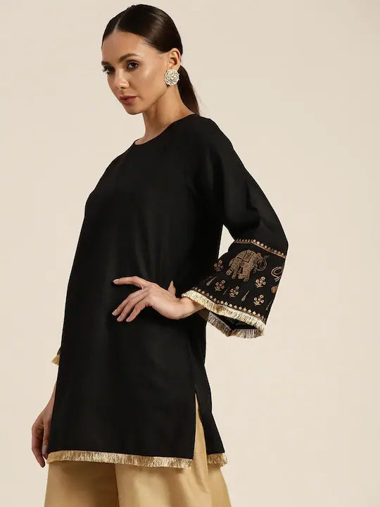 Women Black Elephant Border Foil Print Short Kurta