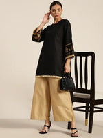 Women Black Elephant Border Foil Print Short Kurta