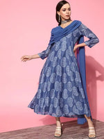 Women Blue Chanderi Paisley Blue Attached Dupatta Dress