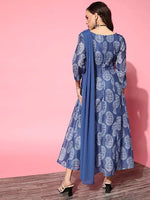 Women Blue Chanderi Paisley Blue Attached Dupatta Dress