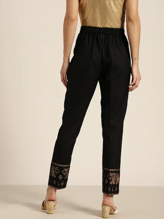 Women Black Elephant Border Foil Print Pencil Pants