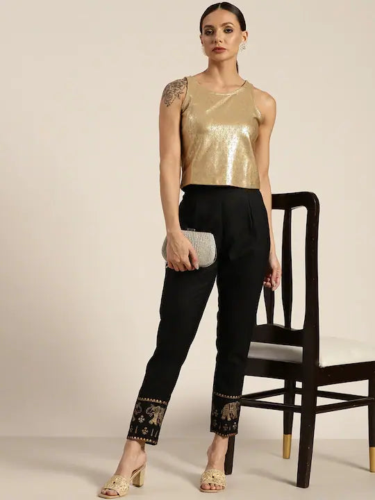 Women Black Elephant Border Foil Print Pencil Pants