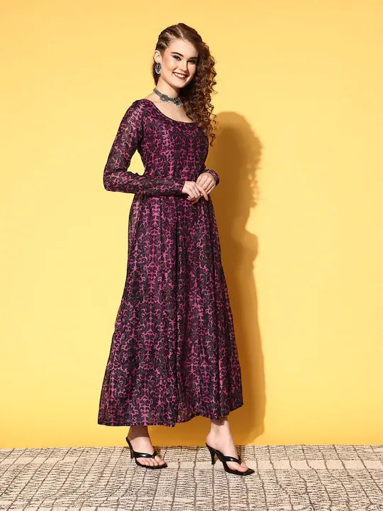 Women Pink Chanderi Floral Anarkali Maxi Dress