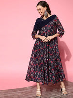 Women Navy Chanderi Floral Red Attached Dupatta Dress