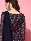 Women Navy Chanderi Floral Red Attached Dupatta Dress