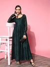 Women Teal Chanderi Floral Anarkali Maxi Dress