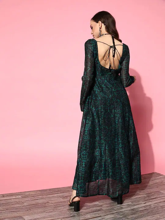 Women Teal Chanderi Floral Anarkali Maxi Dress