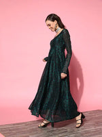 Women Teal Chanderi Floral Anarkali Maxi Dress