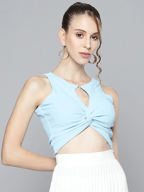 Women Blue Front Keyhole Twisted Crop Top