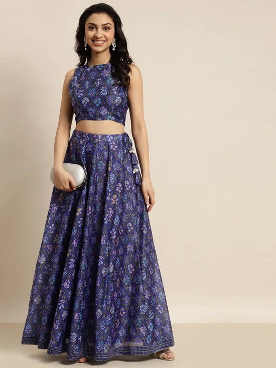 Women Purple Mughal Floral Sleeveless Crop top