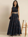 Women Navy Chanderi Floral Anarkali Skirt