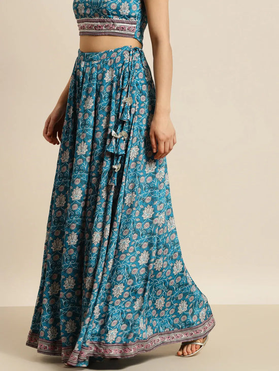 Women Teal Floral Aanrkali Skirt