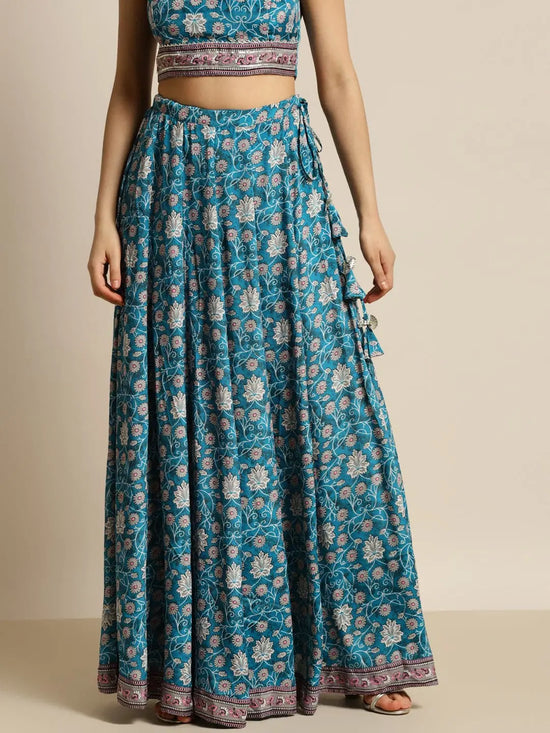 Women Teal Floral Aanrkali Skirt