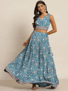 Women Teal Floral Crop Top With Aanrkali Skirt-SHSET95167XS