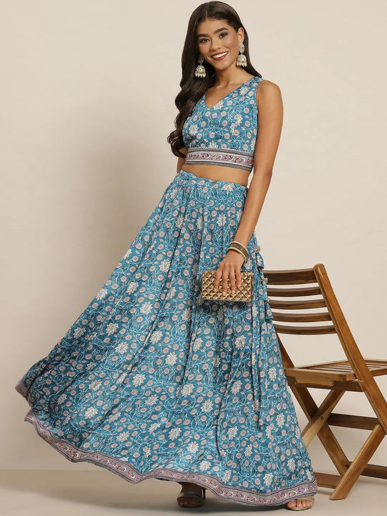 Women Teal Floral Crop Top With Aanrkali Skirt-SHSET95167XS