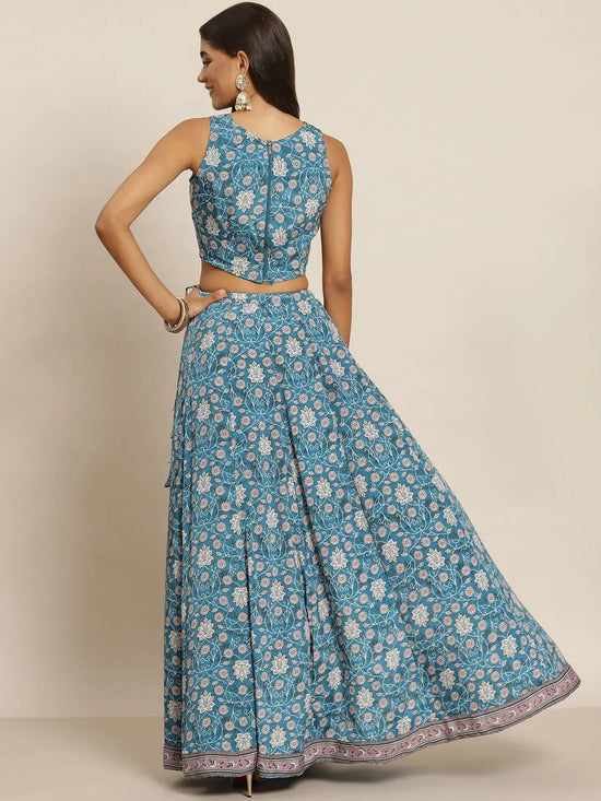 Women Teal Floral Crop Top With Aanrkali Skirt-SHSET95167XS