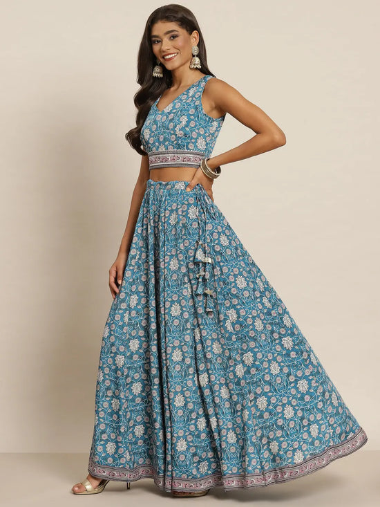 Women Teal Floral Crop Top With Aanrkali Skirt-SHSET95167XS