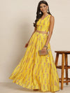 Women Yellow Chanderi Floral Crop Top With Aanrkali Skirt