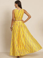 Women Yellow Chanderi Floral Crop Top With Aanrkali Skirt