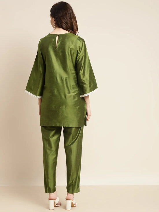 Women Olive Mirror Lace Kurta With Pencil Pants